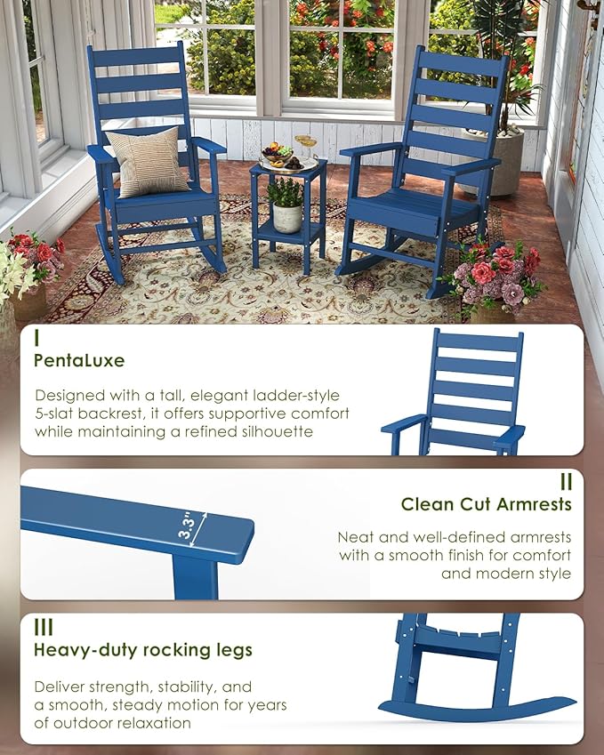 GREENVINES Outdoor-Rocking-Chair | HDPE Plastic | Patio Rockers | Porch Rocker Chairs | Shaker | Oversized | High Ladder Back | Big & Tall | PentaLuxe | Blue