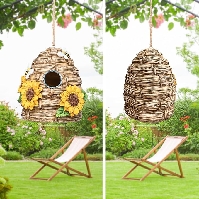 Resin Bird House for Outside, Birdhouses for Outdoors Bird Nesting, Decorative Bird Houses for Yard Garden Decor, Water Proof (Sunflower Thatch)