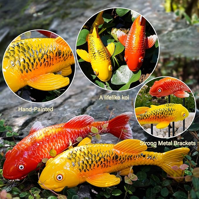 Set of 2 Koi Fish Garden Stakes, Red & Gold Resin Sculptures, Weatherproof Outdoor Patio Pond Decor, Feng Shui Yard Art, Easy Setup Gift(B&Y)