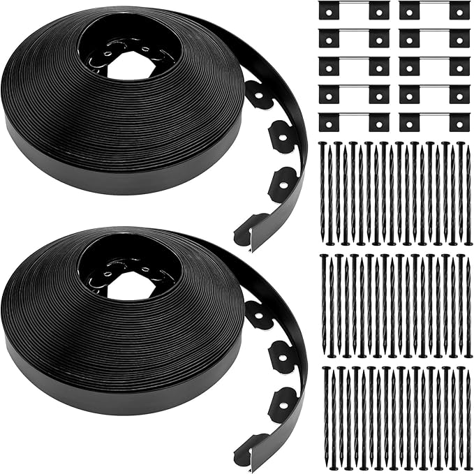Sasylvia 1.7'' x 200' Landscape Edging Kit Edging Border Coil Include 120 Anchoring Spikes 10 Connectors Plastic Garden Border for Lawn Garden Grass Yard Home(Black)