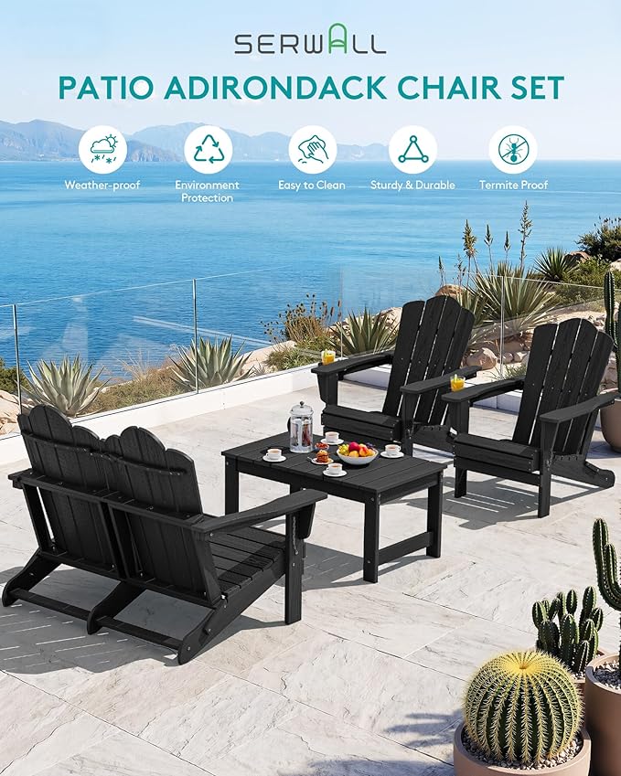 SERWALL Folding Adirondack Bench, HDPE All-Weather Adirondack Loveseat, 660 lbs Capacity, Foldable Outdoor Patio Bench for Deck, Lawn, Garden, Black