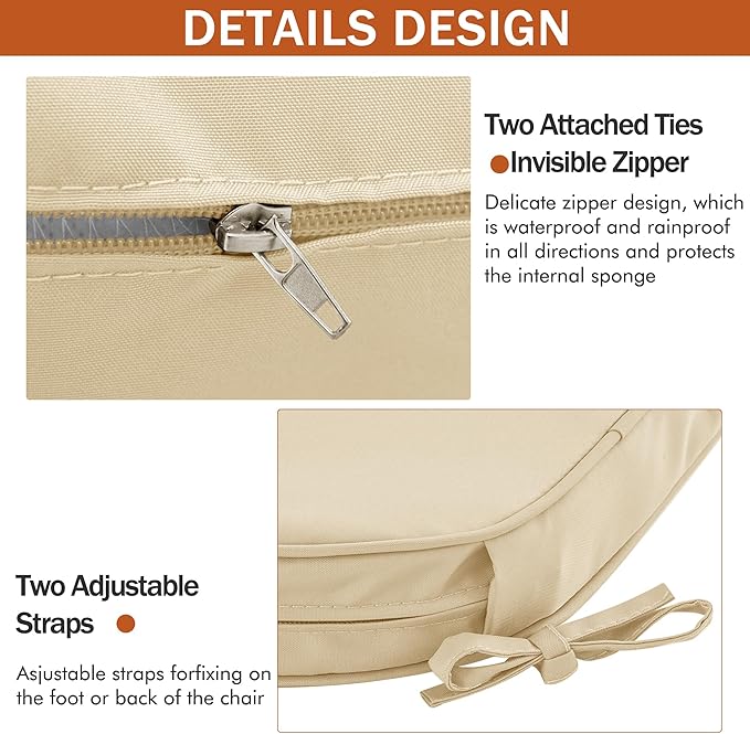 Outdoor Chair Cushions Set of 4 Waterproof Patio Chair Cushions with Tie 5 Year Color Fastness Thick Outdoor Seat Cushion for Garden Lawn Round Corner Beige 17x16 Inch