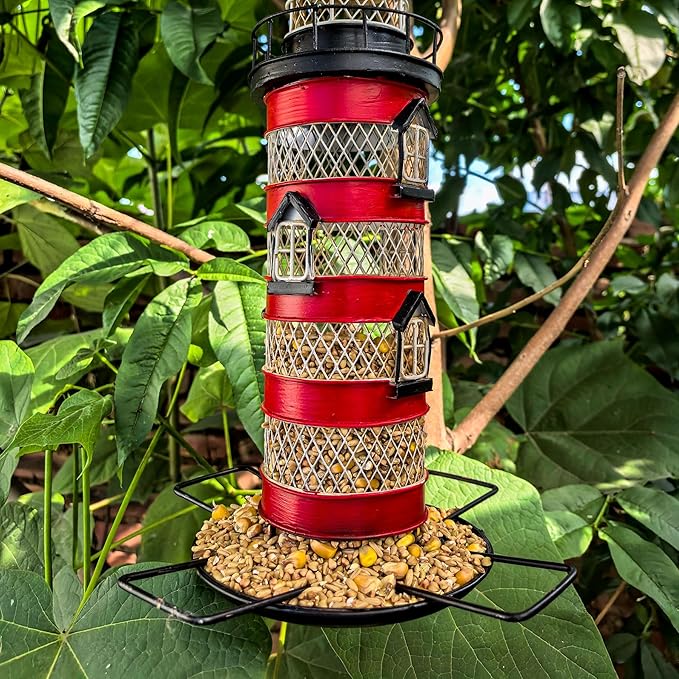 Berfutall-Metal Bird Feeders for Outdoors Hanging, Gravity Protection Squirrel-Proof Wild Birdfeeder，Mesh Hanging Feeder for Eaves, Balcony, Trees - Rotating Beacon, Ideal Gift for Bird Lovers (A)
