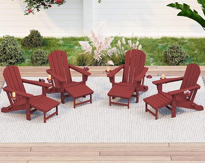 KINGYES Folding Adjustable Adirondack Chair with Ottoman & 2 Cup Holders Set of 4, HDPE Adirondack Recliner Chair with Footrest, Red