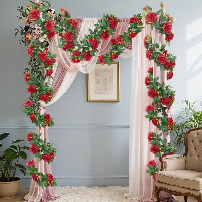 U'Artlines 5 Pack Artificial Red Rose Vines Floral Garlands Total 32.5 Ft Fake Vine Silk Flower Garland for Indoor Outdoor Home Wedding Arch Garden Wall Decoration