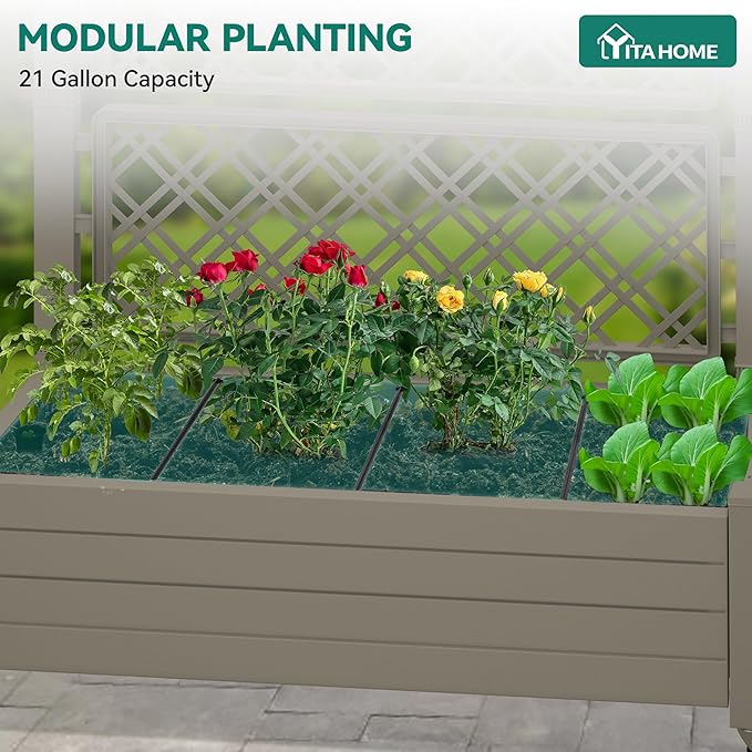 YITAHOME 43.3x17.7x61 in Planter Trellis Box with Wheels & Drain Plug, Outdoor Resin Raised Garden Bed for Climbing Plants, Large Weather-Resistant Design, Light Brown