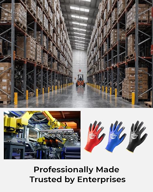 OKIAAS Work Gloves for Men，Ultra Thin and Lightweight Working Gloves with Grip, 12 Pairs Bulk Pack Construction Gloves with Polyurethane Coating for Light Duty Work (Black, X-Large)