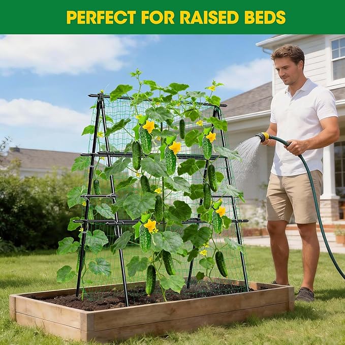 Trellis for Climbing Plants Outdoor, 31''X47'' A-Frame Cucumber Trellis for Raised Bed with Climbing Net, Garden Trellis for Climbing Plants for Cucumber,Tomato, Grapes and Flowers