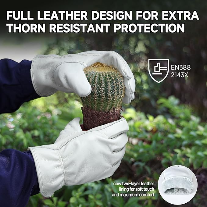 OZERO Gardening Work Gloves Men,24 Pairs Insulated Heavy Duty Cut Resistant Thorn Proof Leather Cowhide Mens Women Mechanic Garden Gloves for Driving Welding-Light Cyan XLarge