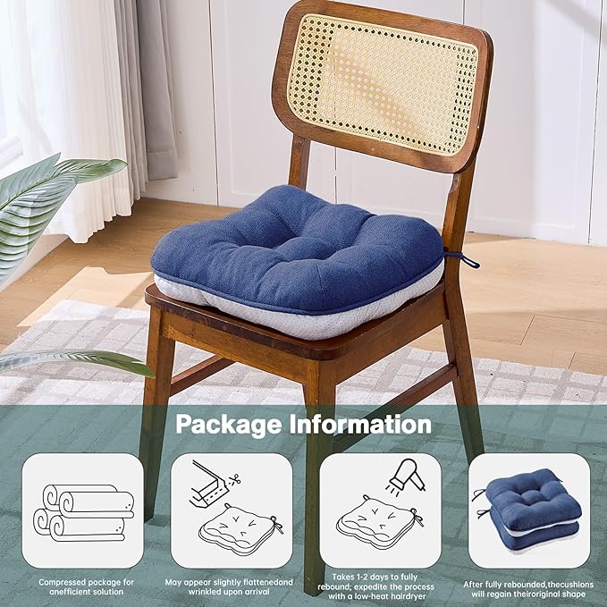BETU Chair Cushions for Dining Chairs Set of 2,3.5" Thick Kitchen Table Chair Pads with Ties,Non Slip Backing and Covers, Seat Cushion for Dining Room,Bar,Patio Chairs,16"X16"X3.5",Navy Blue