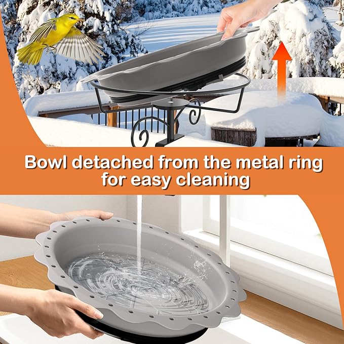Heated Bird Bath for Deck Railing, Powerful 100W Thermostatically Controlled Heated Bird Baths for Outdoors for Winter, Heated Birdbath Water Heater for Outside Garden Yard Patio Lawn (Grey)