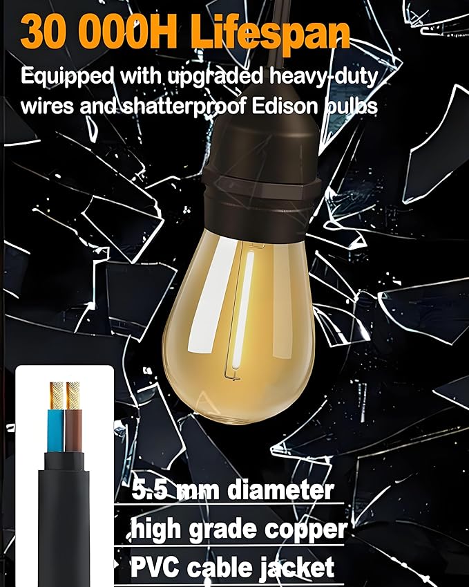 50FT Outdoor String Lights for Patio, Balcony & Porch – 32 LED Edison Bulbs (1.6FT Spacing), Dimmable Heavy-Duty Patio Lights for Backyard, Gazebo, Bistro, Camping, Party and Garden Decor