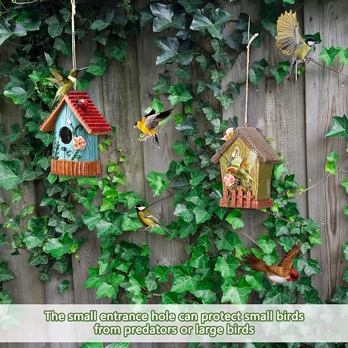 2 Pack Bird Houses for Outside Decorative Birdhouse for Outdoor Hanging Cute Resin Birdhouses with Hemp Rope Nesting Flower Hanging Birdhouse Gift Bird Lover Garden Decorations Water Proof