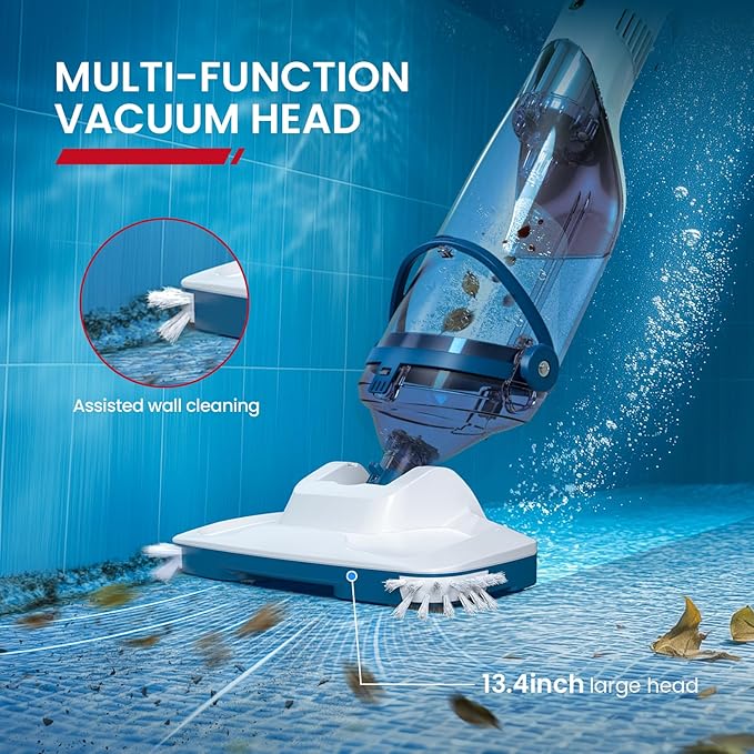 ENHULK Pool Vacuum for Above Ground Pool, Upgraded 13.4" Wide Head & Telescopic Pole, 18.5 GPM Suction, 60 Min Runtime, Cordless Handheld Rechargeable Pool Cleaner for Inground Pools (Blue)