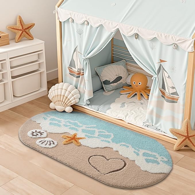 LUMI Extra Large Beach Bathroom Rugs, Non Slip Bath Mat Ultra Soft Washable Absorbent Quick Dry, Ocean Sea Theme Bath Rug with Starfish Shell for Shower Floor, Kitchen Decor, Kids Room, 30"x60"