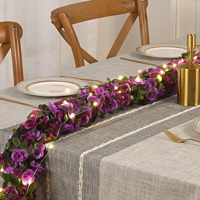 BLEUM CADE 12Pcs 98.4Ft Flower Garland Artificial Rose Vines with 98.4Ft String Lights, Cute Fake Hanging Flower Vines Floral Garland Decorations for Wedding Party Wall Room Decor Aesthetic