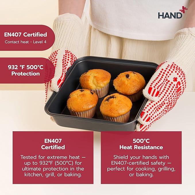 Hand+ Heat Resistant Oven Gloves (Size S/M) 932°F / 500°C for BBQ Baking Cooking Smoker Fireplace Camping with Silicone Grip Thermo Dot Level 4 EN407 Certified