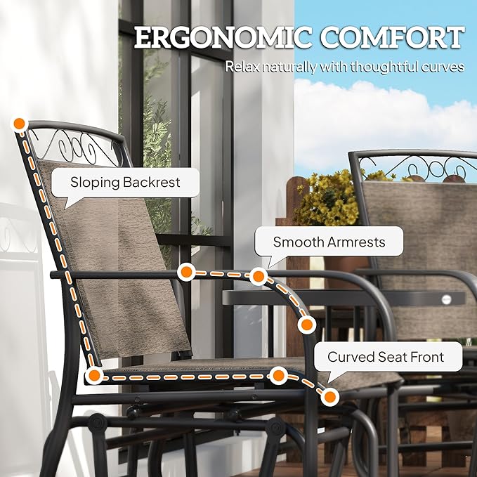Outsunny Outdoor Glider Chairs with Coffee Table, Patio 2-Seat Rocking Chair Swing with Breathable Sling for Backyard, Garden and Porch, Brown