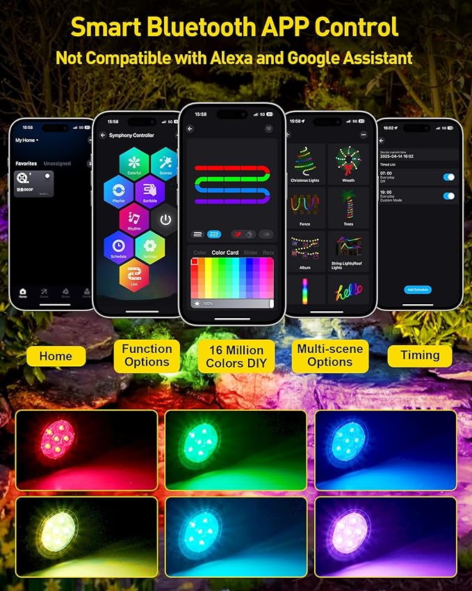 T-SUN LED Pond Lights Underwater, Color Changing Submersible Fountain Lights with APP Control, Waterproof Spotlight with 16 Million Colors, Timing, Music Sync (RGB, 6-Head)