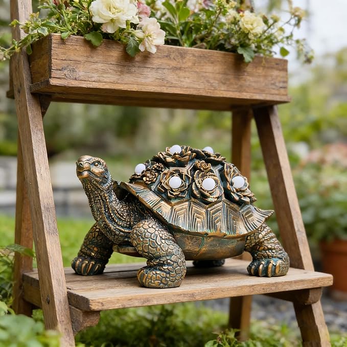 Outdoor Solar Turtle Decor - Resin Succulent Planter with Waterproof LED Shell, Unique Garden Gift for Plant Lovers for Patio, Balcony, Yard Ornament