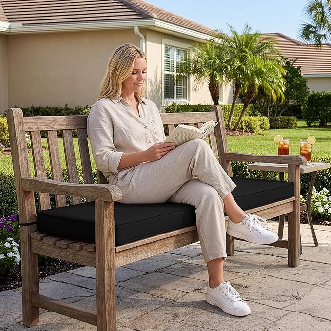 Outdoor Bench Cushion: Waterproof and Fade Resistant Patio Furniture Cushions - Non-Slip Bench Pad Cushion with Removable Cover for Garden Swing Porch Sofa Settee, 48 x 18 x 3 Inch, Black