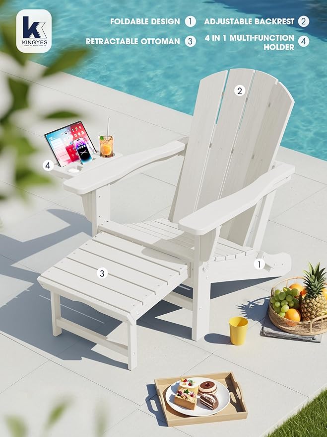 KINGYES Adjustable Folding Adirondack Chair with Footrest & 4-in-1 Multi-Functional Armrest Organizer Set of 4, HDPE Foldable Recliner Adirondack Chair with Pull-Out Ottoman, White