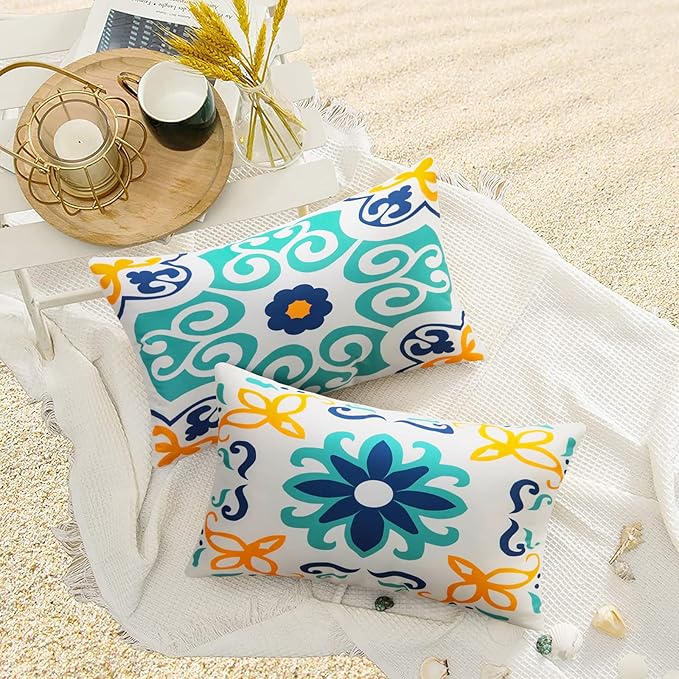 Pyonic Outdoor Waterproof Throw Pillow Covers Set of 4 Floral Printed and Boho Farmhouse Outdoor Pillow Covers for Patio Funiture Garden 12x20 Inch Blue