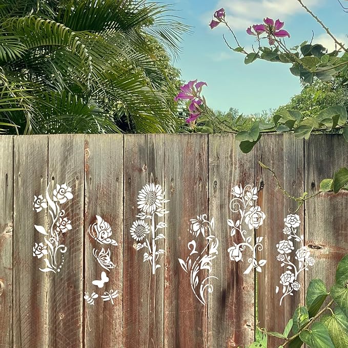 6pcs Garden Fence Large Flower Stencils, Flower Painting Wood Template Floral Drawing Stencils Wall Stencils for Crafts Reusable Outdoors Wall Decoration Home Floor Decor Drawing Supplies