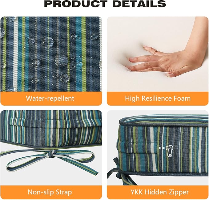 Sunbrella Square Corner Seat Cushions, 19" x 19" x 3", Set of 4, Indoor Outdoor Water Repellent Universal Chair Pads with Ties for Patio Furniture, Garden Deck Dining Chairs, Beach stripe lagoon