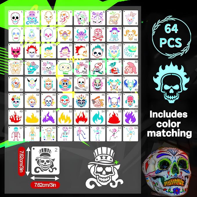 Felixcraft Skull Stencils for Painting, 64PCS 3x3 Inch Plastic Halloween Stencils for Crafts Reusable, Durable PET Material for Wood Signs, Wall Art, Fabric Painting, and Spooky DIY Art Projects