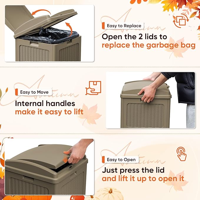 YESHOMY 33 Gallon Resin Outdoor Trash Can with Lid, Hideaway Waterproof Patio Garbage Bin, Coffee