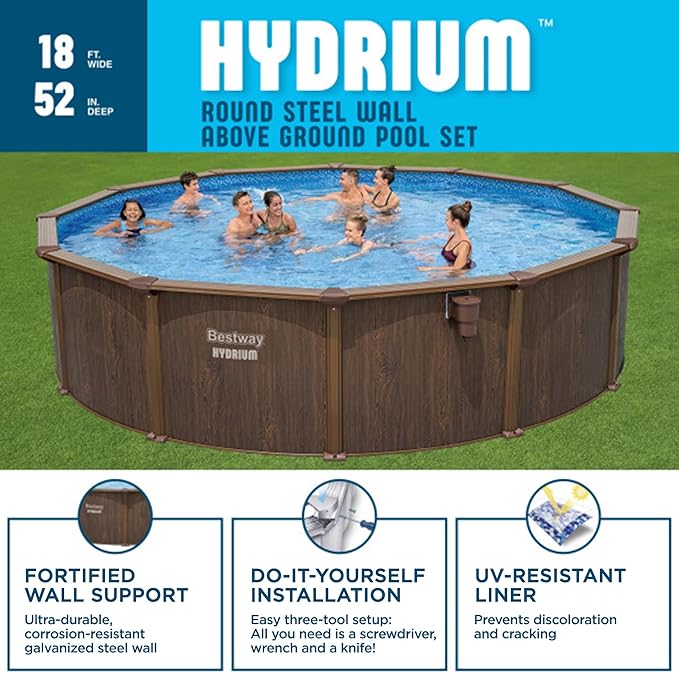 Bestway Hydrium 18' x 52" Above Ground Pool, Round Steel Side Wall Frame Outdoor Swimming Pool Set with Sand Filter Pump, Ladder & Accessories