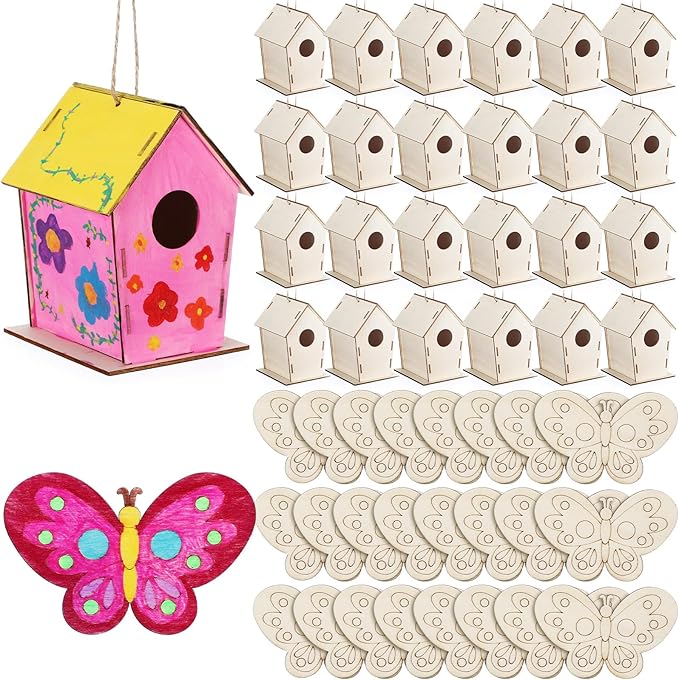 DoubleFill 48 Pack Wooden Bird Houses Bulk, Butterfly Wood Chips for DIY Unfinished Hanging Birdhouse Kits, Wooden Craft Houses to Paint Easter VBS Craft Family Crafts Party Favor