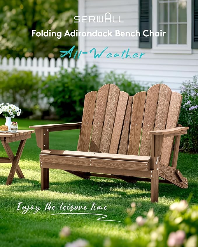 SERWALL 2 Person Adirondack Loveseat, HDPE All-Weather Folding Adirondack Bench Chair, Outdoor Adirondack Chair Set of 4, Brown