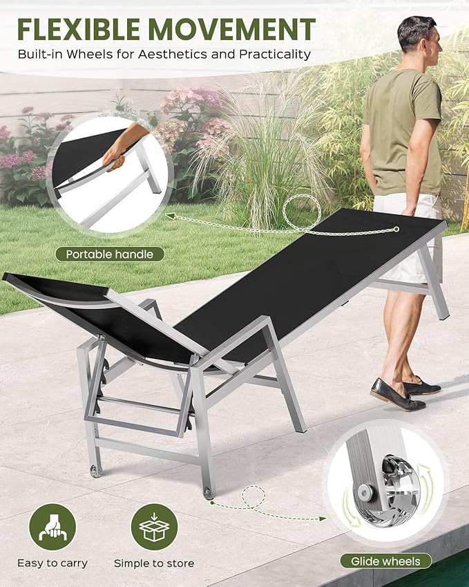 Patio Chaise Lounge Outdoor Chair with Wheels&Armrests, Aluminum Pool Lounge Chairs 5-Position Adjustable Recliner, Outdoor Beach Lounge Chairs for Poolside, Patio, Deck, Yard, Black