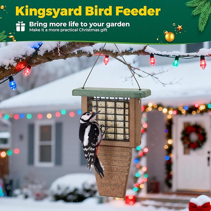 Kingsyard Recycled Plastic Suet Feeder, Tail Prop Suet Feeder for Outside Hanging, Sturdy & Durable, Great for Woodpecker & Clinging Birds, Green