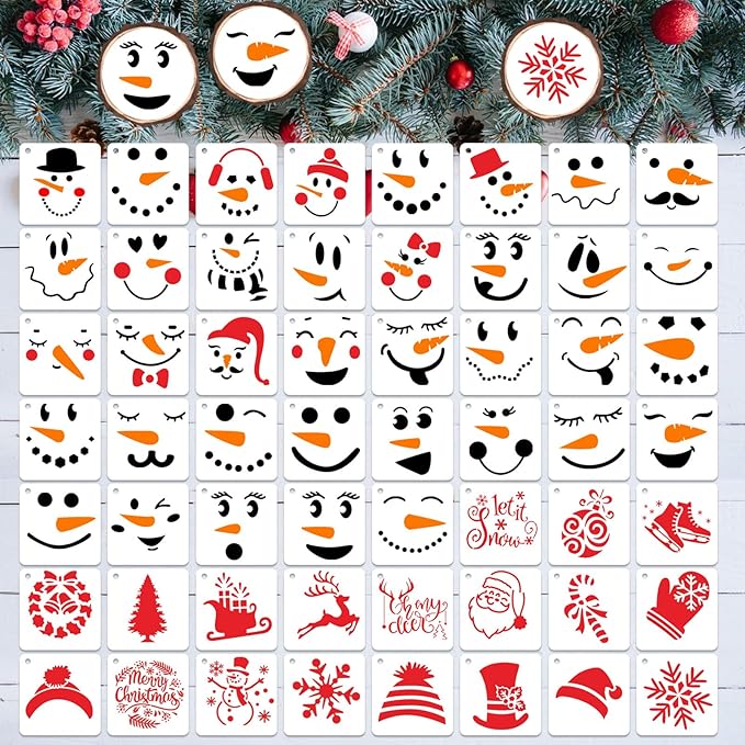 Augshy Christmas Snowman Face Stencils, 56 Pack Reusable Plastic Drawing Template for Scrapbooking Drawing Wall Floor Decor DIY Rock Painting Art Projects (3 Inch)