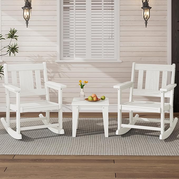 SERWALL Outdoor Rocking Chairs Set of 2 with Side Table, All-Weather HDPE 3 Piece Patio Furniture Set, Patio Bistro Set for for Porch Deck Lawn Balcony, White
