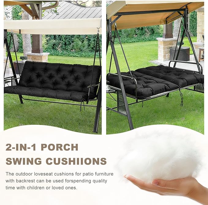 Porch Swing Cushion with Backrest,Waterproof Bench Cushion for Outdoor Furniture,2-3 Seater Replacement Thickened Swing Cushion with Ties,Patio,Outdoor,Backyard and Garden (Black,47x40)