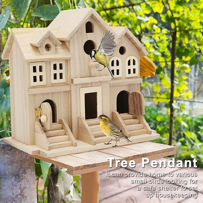 Lyfreen Paulownia Wood Bird House with Pole, Outdoor Hanging Birdhouse for Bluebirds, Wrens, Hummingbirds, Finches - Wooden Garden Bird House