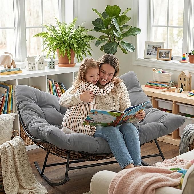 COSIEST Oversized Papasan Rocking Chair with Extra Thick Cushion - 58 in Rattan Wicker Egg Chair for Indoor/Outdoor Use, Swivel Lounge Chair for Patio, Living Room, Bedroom, Grey