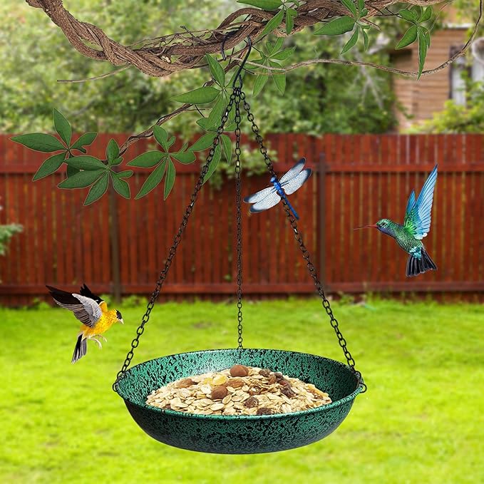 Hanging Bird Baths for Outside, 11 inch Outdoor Metal Bird Feeder for Garden Yard Decor Green