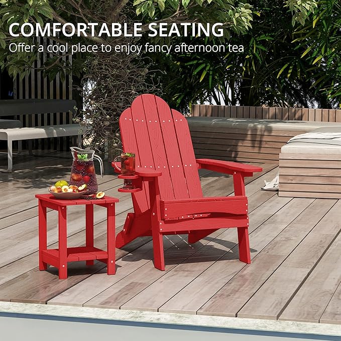 LUE BONA Folding Adirondack Chair Set of 4, Bright Red HDPS Weather Resistant Outdoor Chair with Cup Holder for Tailgate Party Backyard