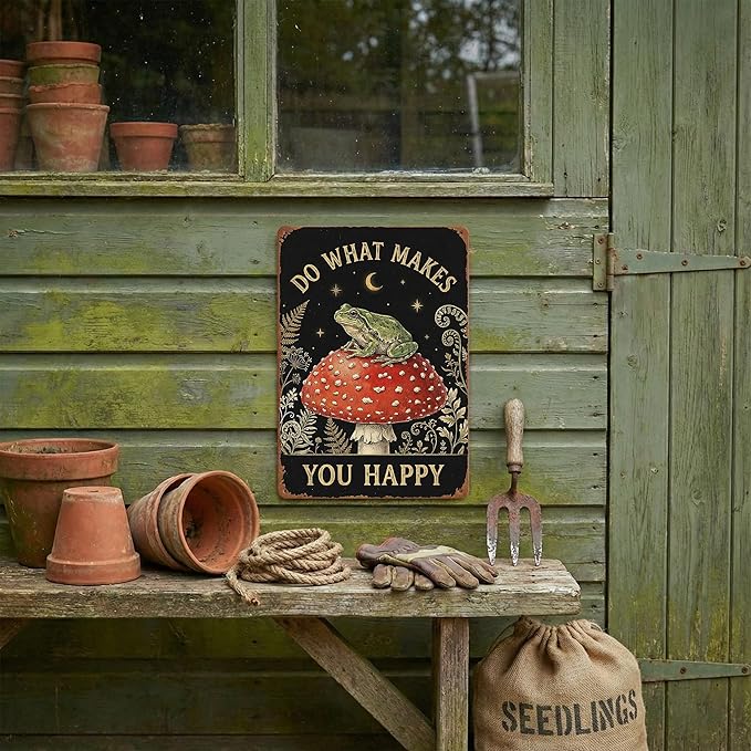 Goblincore Room Decor Tin Sign - "Do What Makes You Happy" Frog on Mushroom Art - Metal Sign 8x12 Vintage Cottagecore Wall Plaque for Shed, Bedroom, Dorm, Bathroom