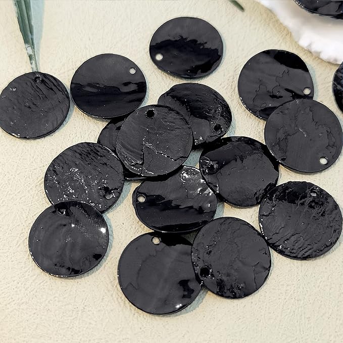 Firstmeet Shell Beads 150pcs Natural 15mm Flat Round Mussel Shell Coin Drop Charm Beads with Iridescent Back for Handcraft Jewelry Making(DIY-1023-Black-15)