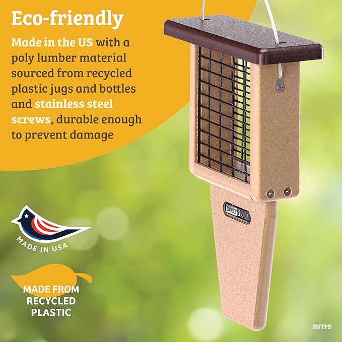 Birds Choice Suet Feeder with Tail Prop, Holds 1 Suet Cake | Hanging Suet Bird Feeder with Roof, Woodpeckers, Jays, Nuthatches | Sturdy for Garden & Backyard | Taupe & Green, 8" L x 3" W x 12" H