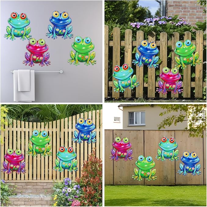 Metal Frog Wall Decor, 4Pcs Frog Iron Wall Art Sculptures Art Frogs Wall Hanging Sculpture Decoration.Outdoor Fence Art for Home Garden, Fence, Patio, Yard, Bedroom Outside Gifts for Adults