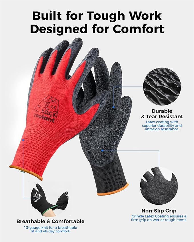 toolant Crinkle Latex Work Gloves Bulk, Rubber Coated Safety Work Gloves for Men and Women, 12 Pairs for Construction, Gardening, Warehouse (Black & Red, Small)