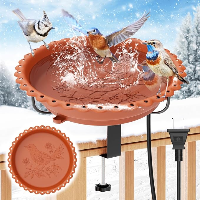 Heated Bird Bath for Outdoors, Upgraded 100W Thermostatically Controlled Heated Bird Baths for Deck Railing Large Capacity Heated Birdbath for Outside Winter Garden Yard Patio Lawn (Brown)