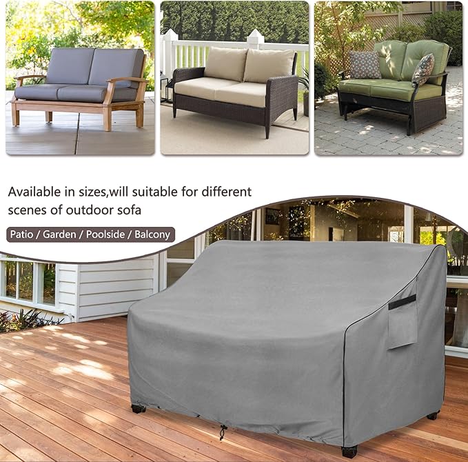 okcool Heavy Duty Patio Sofa Cover, 100% Waterproof 2-Seater Outdoor Sofa Cover Fits up to 58W x 32.5D x 31H Inches, Lawn Patio Furniture Covers,Grey